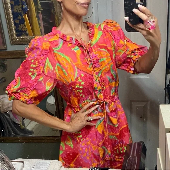 Farm Rio Fruit brush mini dress puff sleeves M L ruffles fringe organic cotton - Picture 4 of 11